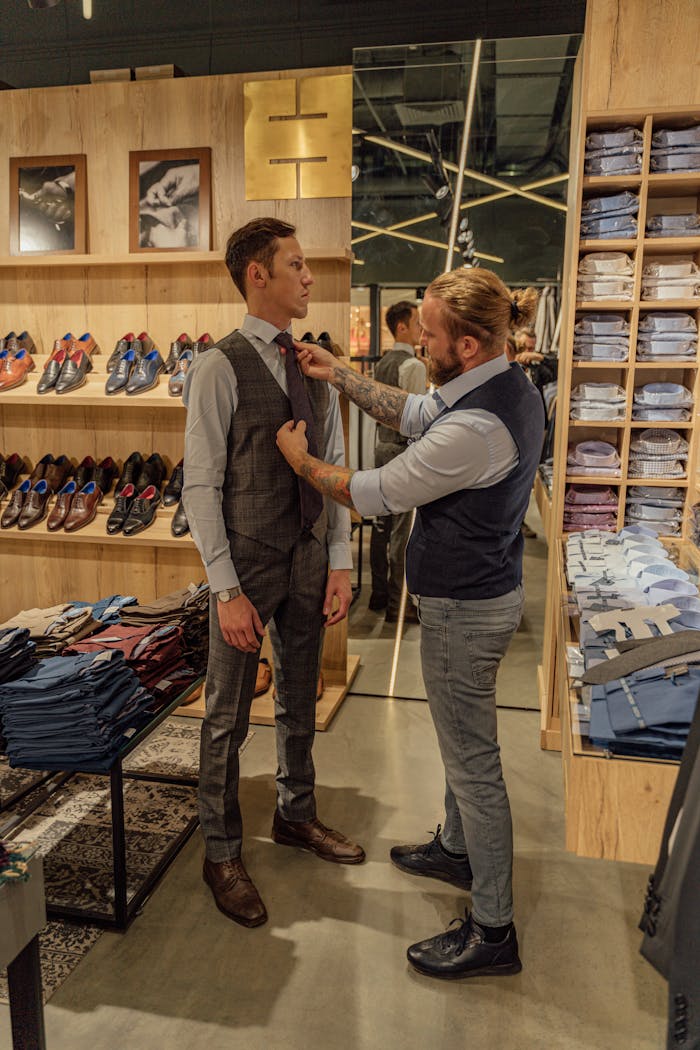 programs-01 A tailor adjusting a client's tie in a stylish men's fashion boutique with shelves of shirts and shoes around.